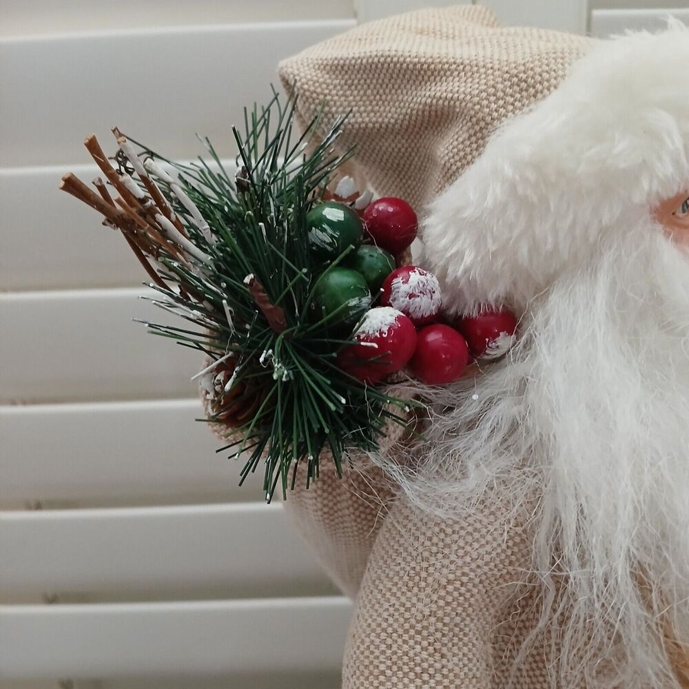 Christmas Santa Figurine Large 18" Tall Fabric Decor Holding Pinecone & Bag - Picture 12 of 13